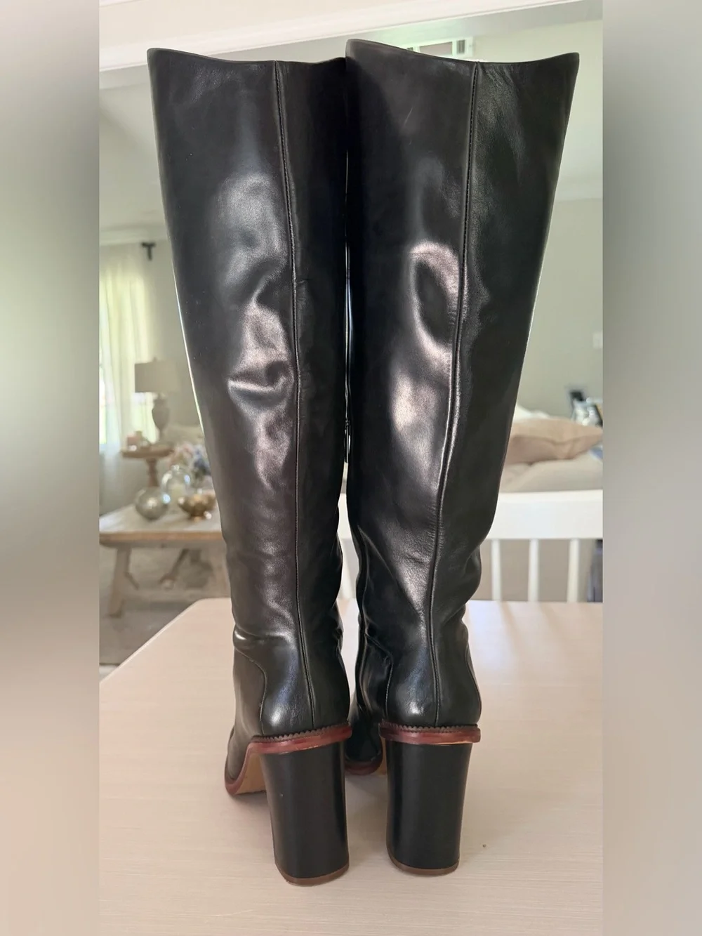Vince Camuto Black Leather Over-the-Knee Boots with Brown Trim